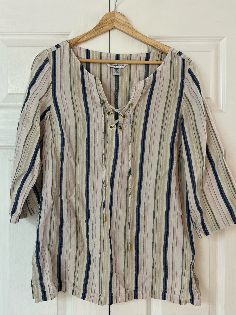 Tommy Bahama Striped Lace-Up Tunic in Cream, Navy and Olive